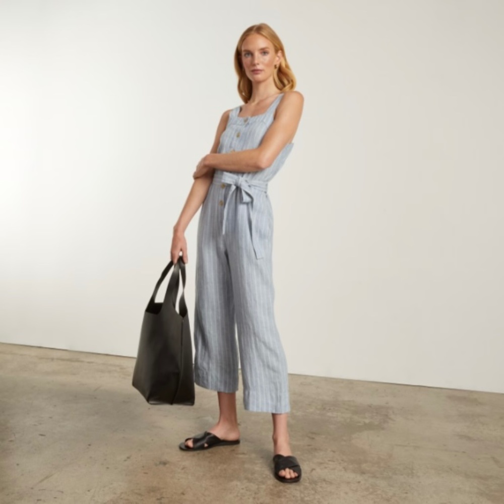 Everlane The Linen Picnic Jumpsuit in Light Blue/White Pinstripes size 4